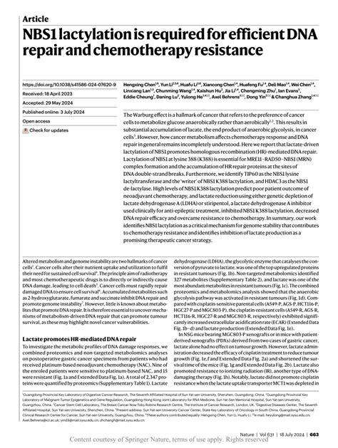 NBS1 lactylation is required for efficient DNA repair and .